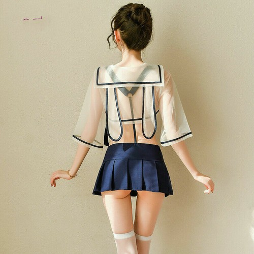Breast Reveal Transparent Lingerie Student Uniform Strap Pleated Skirt Cosplay - Picture 7 of 23
