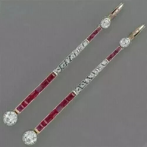 Art Deco Style Lab Created Ruby Engagement Yellow Gold Plated Earrings Silver - Picture 2 of 8