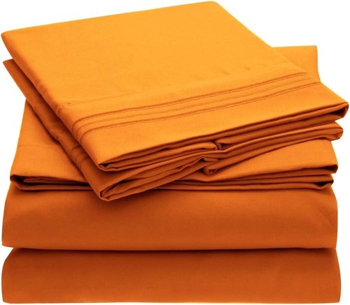 4Piece Orange Full Size Solid Color Bed Sheets Pillowcases Microfiber Extra Soft