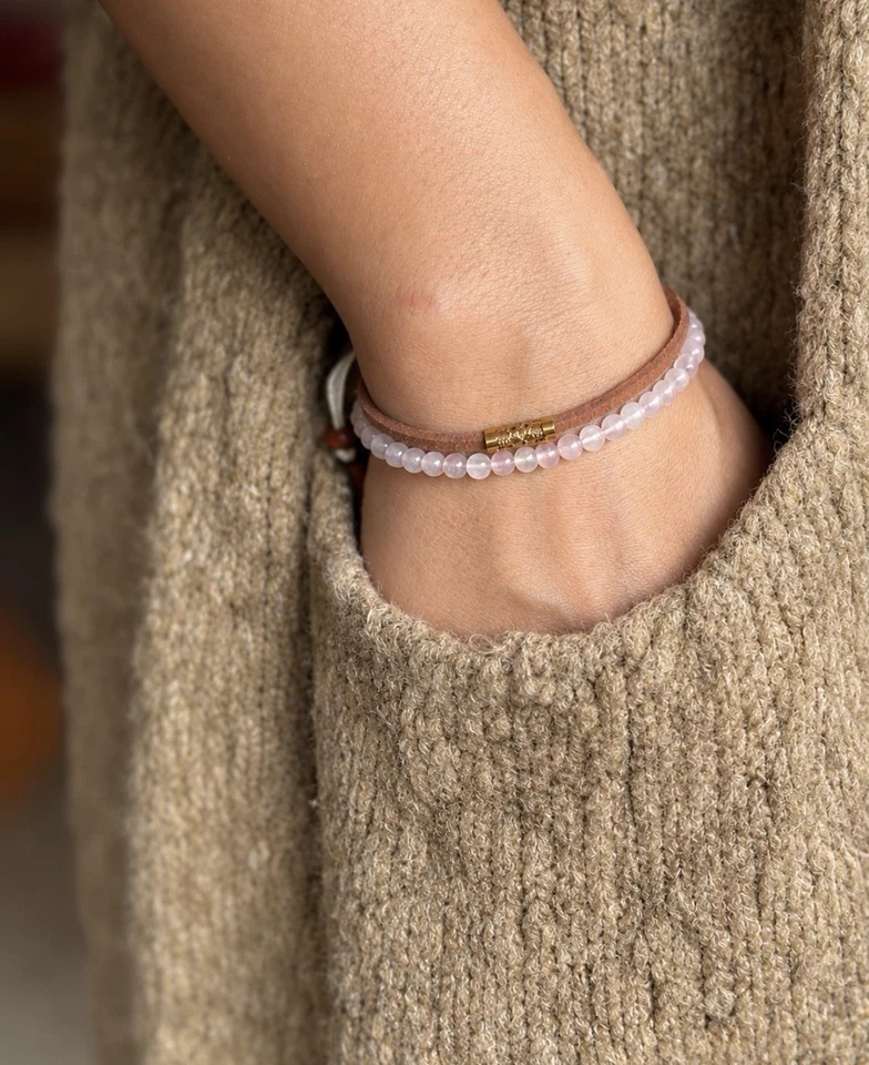 Rosenquarz Armband Set 2-teilig Leder Kordel Boho verstellbar - Bild 3 von 4
