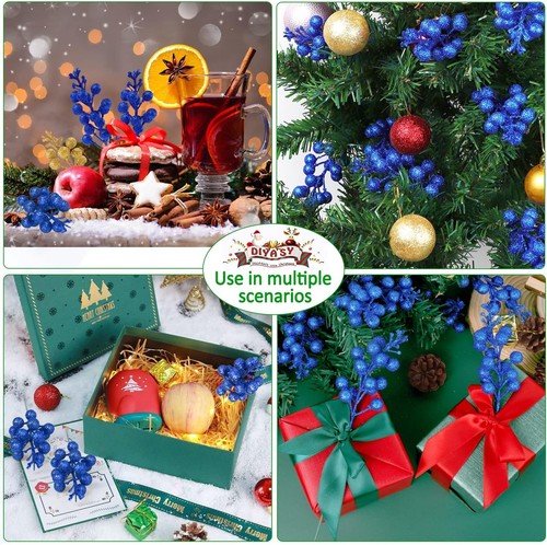20 Pack 7.8 Inch Christmas Glitter Berries Stems for Christmas Tree Royal Blue - Picture 3 of 6