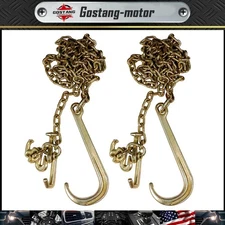 2PCS G70 5/16''x10' Transport Tow Chain J Hook Long Shank w/ R T J&Grab Hook