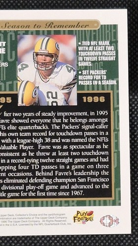 1996 Upper Deck Brett Favre Collectors Choice Season To Remember No. 57 - Picture 6 of 6