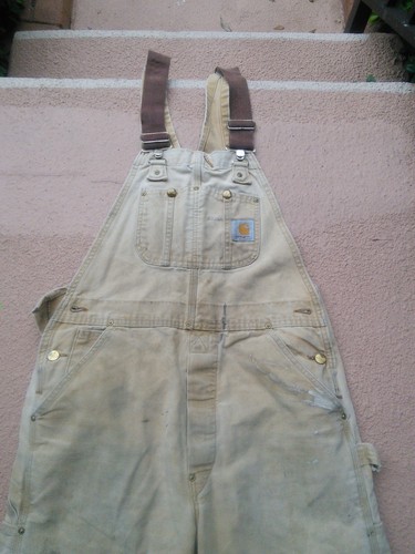 Vintage Men's Carhartt Bib Overalls Thrashed Off White Sz 34x30 - Picture 3 of 13