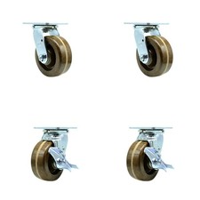 5 Inch High Temp Glass Filled Nylon Swivel Caster Set w/Bronze Bearings 2 Brakes