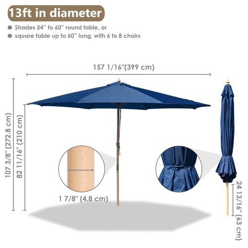 Aplus 13FT Large Outdoor Patio Umbrella German Beech Wood Yard Deck Pool Navy - Picture 4 of 12
