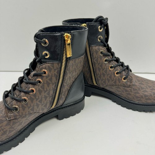 NEW MICHAEL Michael Kors Alistair 6.5 Lace Up Logo Brown Black Combat Moto Boot - Picture 7 of 12