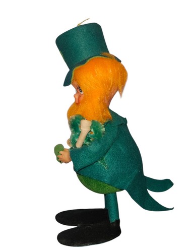 Vtg St Patrick's Day Felted & Plastic Face Leprechaun Clover Hat Figurine 7" - Picture 5 of 7