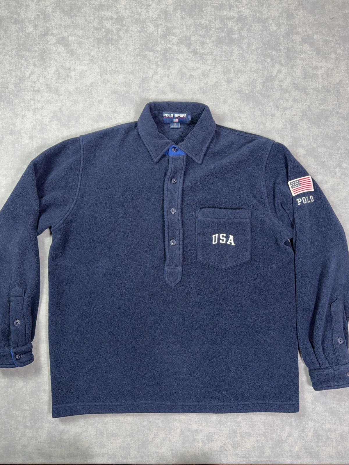 Vintage Polo Sport Ralph Lauren Pullover Mens Medium Blue Fleece USA Flag