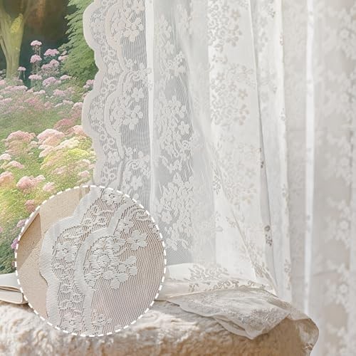 Vintage Lace Curtains 84 Inches Long 2 Panels, Romantic Semi Sheer Floral Lacy - Picture 2 of 7