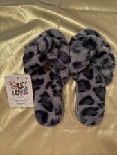 NWT MUK LUKS Blue Black Leopard Open-Toe Faux Fur Scuff Slipper Women Size: 7