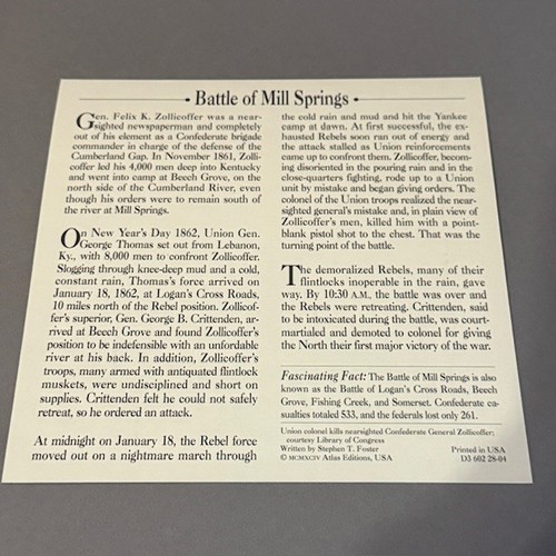 Civil War Card 1995 Atlas Military Battles Campaigns Mill Springs 1862 Photo vtg - Picture 2 of 6