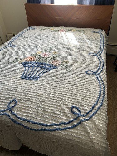 Vtg Blue Chenille Bedspread Queen Size Floral Basket AS Is Cutter - Picture 3 of 13