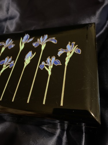 Vintage Otagiri Japan Laquerware Blue Iris Black Jewelry Trinket Music Box - Picture 3 of 13