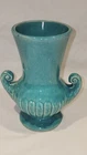 Vintage McCoy Art Pottery 2 Curled Handle Teal Vase Turquoise 6" Vertical Ribs