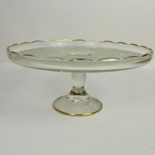 Vintage Jeanette Glass Co Pedestal Cake Plate Stand Harp Pattern Gold Rim 1950s