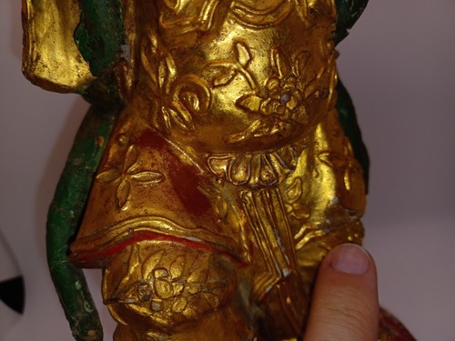 13" Antique Chinese Kwan Yin Buddha Figure Wood Gold Gilt Statue Jeweled 1800s - Picture 9 of 17