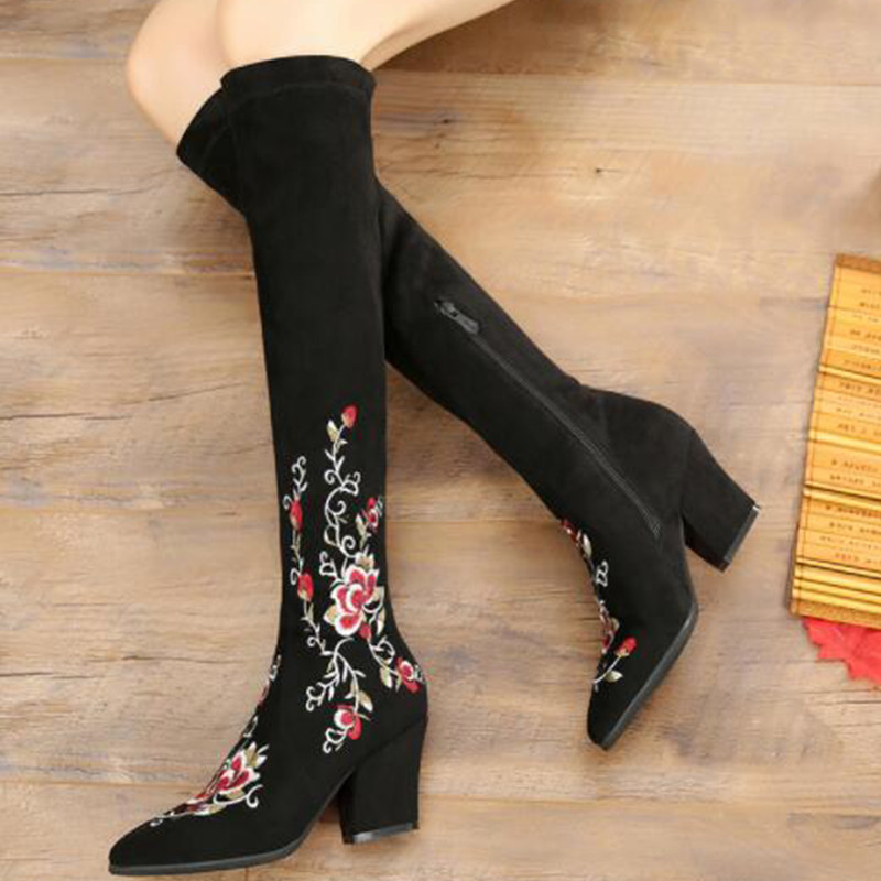 Donna Pointed Toe Embroiderosso Suede Zipper Zipper Zipper Block Heel scarpe Knee High stivali 50631b Donna Pointed Toe Embroiderosso Suede Zipper Zipper Zipper Block Heel scarpe Knee High stivali 50631b