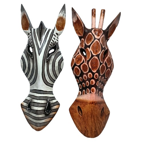 Animal Wood Masks Zebra Fancy Safari Heads Mixed Wall Art Decor Hanger Set 2 pcs - Picture 12 of 16