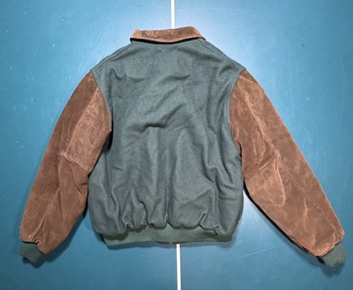 Vintage 80s Wool Suede Varsity Bomber Jacket Men's XL Made In USA Green Brown - Picture 8 of 11