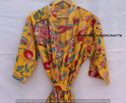Indian Suzani Maxi Yellow Print Cotton gown Lingerie Beach Cover up Kimono Dress - Picture 3 of 5