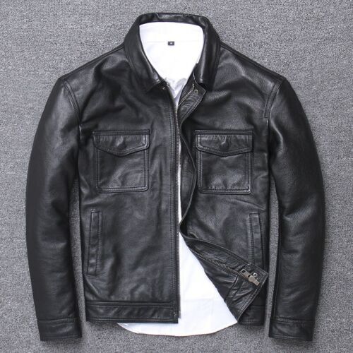 Men's Genuine Leather Cowhide Motorcycle Biker Slim Fit Long Sleeve Zip Jacket - Picture 11 of 15