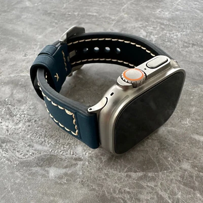 Blue Thick Leather Watch Strap Band For NEW Apple Watch Ultra Series 1 2 49mm