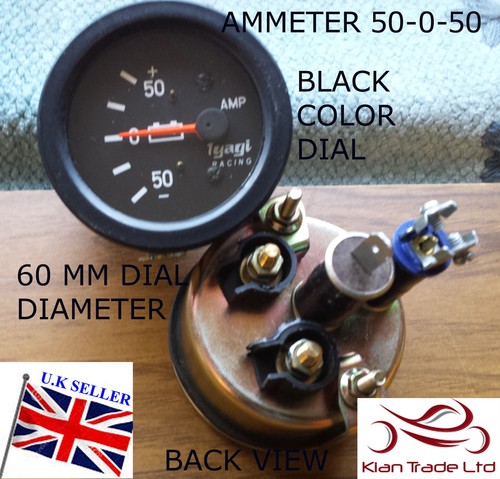 VINTAGE CAR 60MM DIA DIAL UNIVERSAL 50-50 AMMETER CLOCK BLACK CHROME GAUGE-M614C - Picture 2 of 3