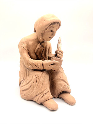 RARE VINTAGE RED CLAY SIGNED H. BARTON SCULPTURE WOMAN READING BOOK WITH CANDLE