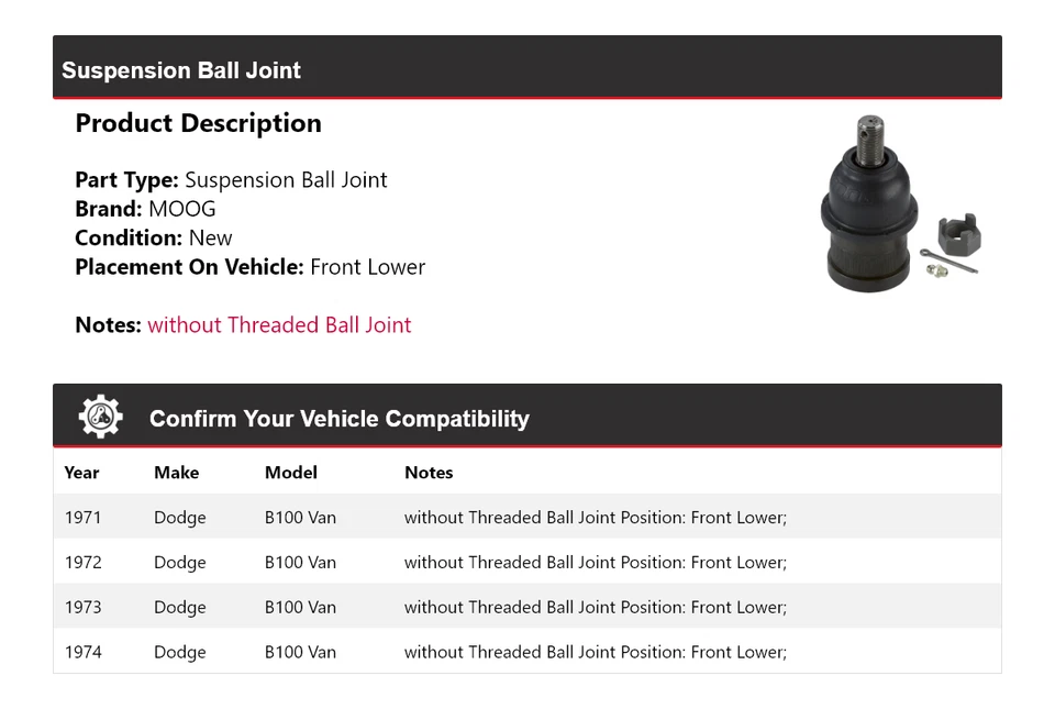For 1971-1974 Dodge B100 Van Suspension Ball Joint Front Lower MOOG 1971 1972 - Image 2 of 4