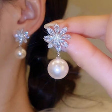 Sparkling Zircon Flower Pearl Earrings for Women Bride Wedding Party Jewelry Bri