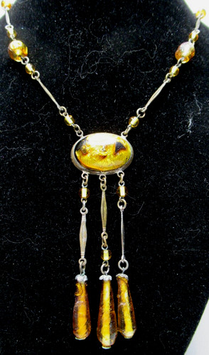 Gorgeous Art Nouveau Golden Foil Glass Necklace