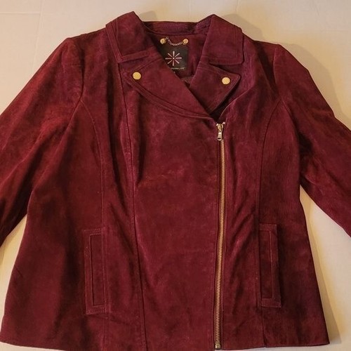 Isaac Mizrahi Live Women Moto Leather Suede Jacket Sz 14 Burgundy Wine Zipper - Picture 16 of 16