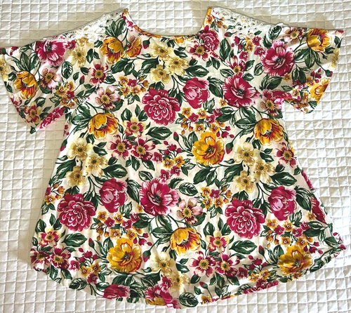 Stem & Vine Floral Top Short Sleeve Lace Shoulder Stretch Cottagecore NWT 2X - Picture 2 of 10