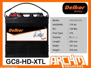 Delkor Battery Deep Cycle Gc8 Hd Xtl Golf Cart 170 Ah Stud Lhp