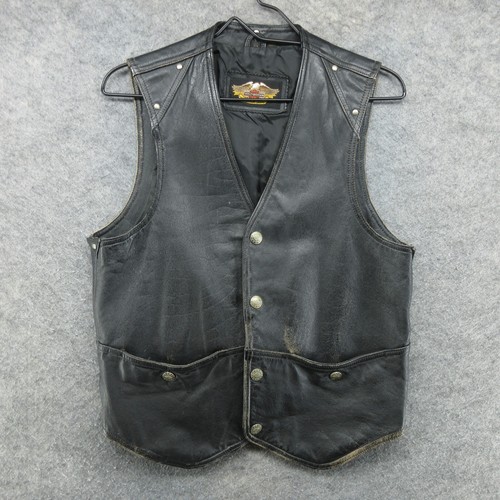 VTG Harley Davidson Vest Mens Medium Black Leather Snap Buckle Back Distressed