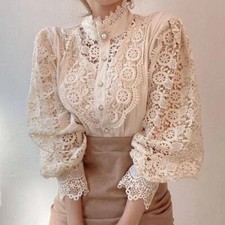 Petal Long Sleeve Stand Collar Lace Shirt Hollow Out Top Blouse Flower For Women