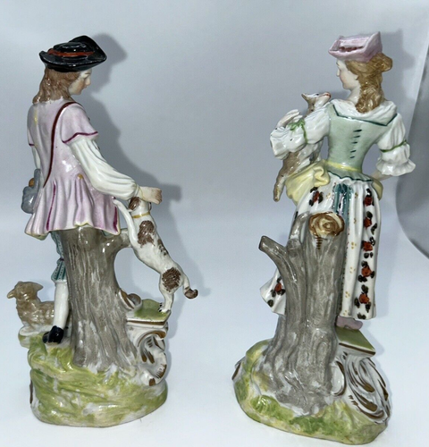 Carl Thieme Dresden Pair Shepherd & Sheperdess With Sheep & Dog 6 1/4" Tall - Picture 2 of 12