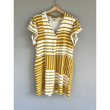 Laurel Grey Dress Size L Mustard Yellow Stripe Linen Blend V-Neck Resort Cruise