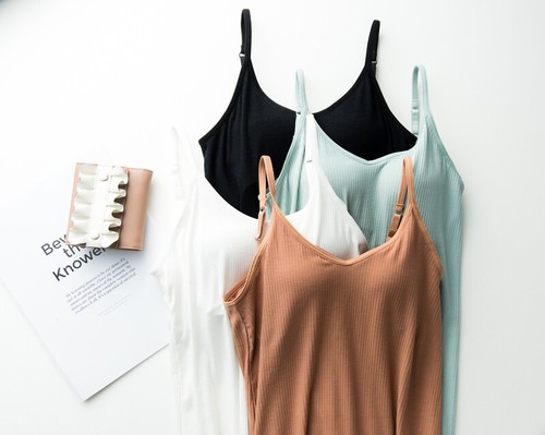 Gerippter dehnbarer integrierter BH ohne Bügel Cami Slip Kleid Nacht Lounge Nachtwäsche - Bild 4 von 31