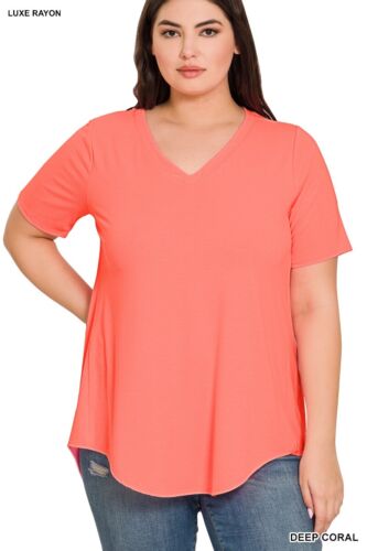 Zenana Plus Size Luxe Short Sleeve V-neck Top 1X 2X 3X High Low Hemline - Picture 8 of 13