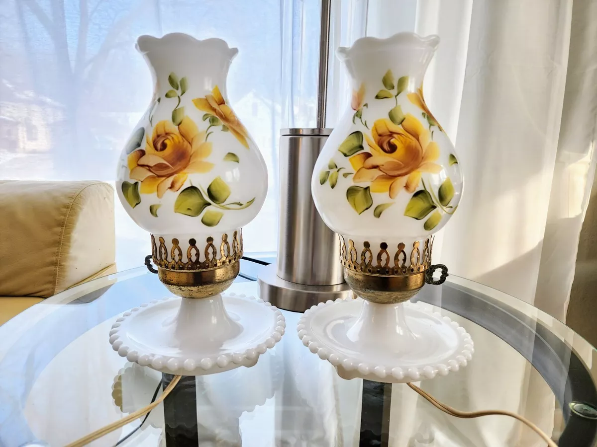 Pair Vintage Milk Glass Lamps Yellow Roses Handpainted Ruffled Hobnail tested
