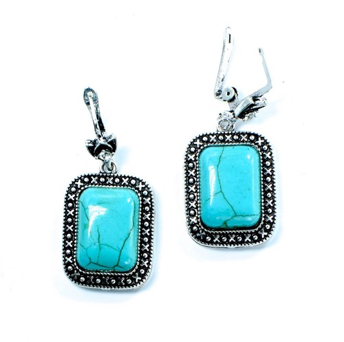 Turquoise Rectangular Stone Earrings Large Drop Dangle Marble Design Statement - Picture 5 of 6