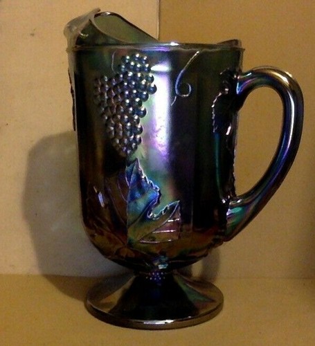 Vintage Blue Carnival Glass. Pitcher. Grape Harvest Pattern.