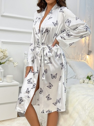 Women Sexy Satin Nightgown Robes Lace Lingerie Sleepwear Kimono Bath Robe Dress - Picture 121 of 124