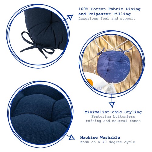 2x Round Dining Chair Seat Cushions Cotton Polyester Outdoor Dining 40cm Blue - Picture 2 of 7