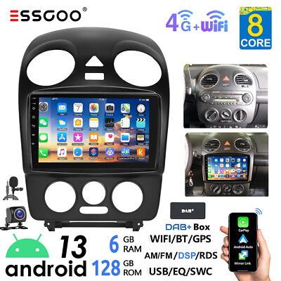 DAB+ 6+128GB CarPlay Android 13 Autoradio 4G WiFi Navi Kam Für VW Beetle 2001-10