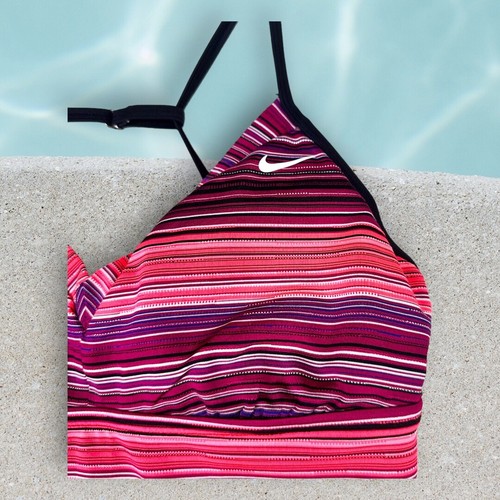 Nike Girls Swim Size 12 Tankini Top Strappy Back Pink Purple Orange Stripes Bra - Picture 2 of 10