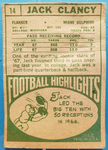 1968 TOPPS FOOTBALL #14 JACK CLANCY - ROOKIE CARD (RC) - Picture 2 of 3