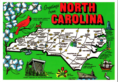 Vtg Postcard North Carolina Route Map Greetins Tar Heel State Old North State